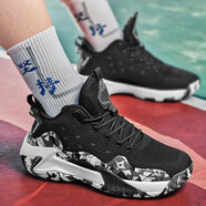 YIXI中幫籃球鞋男夏季網(wǎng)面透氣減震輕便運(yùn)動(dòng)鞋防滑耐磨大碼水泥地戰(zhàn)靴 黑白 48