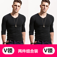 簡(jiǎn)束（JOONSVIP）長(cháng)袖t恤男純色棉質(zhì)修身緊身打底衫男士體恤秋冬季外穿內搭上衣男 常規款兩件裝/黑色V領(lǐng)+黑色V領(lǐng) XL XL(73KG左右緊身)