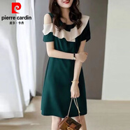 皮爾卡丹（pierre cardin）露肩顯瘦連衣裙女短袖2025夏裝新款優(yōu)雅氣質(zhì)拼色立體荷葉邊小黑裙 綠色【單側(cè)露肩】 XL 【建議115-128斤】