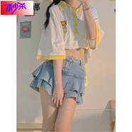 花嵐娜 鹽系甜酷可愛(ài)防走光荷葉邊魚(yú)尾牛仔半身裙22年春秋學(xué)院風(fēng)短裙女 淺藍【帶內襯】9136# S