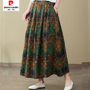 皮爾卡丹印花秋裝新款棉麻高腰中長(cháng)款半身裙顯瘦松緊長(cháng)裙碎花裙子女 綠色字母 均碼 90-150斤穿