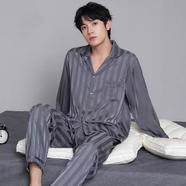 雅鹿冰絲睡衣男春秋夏天家居服男士仿真絲條紋秋季男生四季款套裝 NSCM-8150深灰色【長(cháng)袖長(cháng)褲】 XL 男【125-145斤】