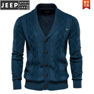 JEEP SPIRIT針織開衫毛衣男外套春秋青果領(lǐng)麻花棉質(zhì)V.領(lǐng)男款高級針織衫潮復古 湖藍色 M 110-130斤左右