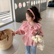 山鷗2025春秋新款女童襯衫洋氣襯衣女寶寶甜美長(cháng)袖韓版上衣外套XMT 花邊格子襯衫粉色 140 cm