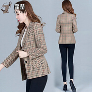霏楚 女裝格子小外套顯瘦西服春秋季上衣短款休閑新款女士小西裝韓版 千鳥格(1088#) XL 建議100-110斤