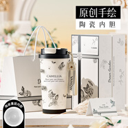 Vanow2025新款陶瓷保溫杯咖啡杯女生高顏值禮物大容量便攜吸管水杯子 山茶花【陶瓷內(nèi)膽+禮盒】500ml