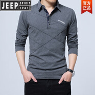 JEEP SPIRIT秋冬季長(cháng)袖t恤男加絨加厚翻領(lǐng)加肥加大碼翻領(lǐng)體恤打底衫純棉上衣 深灰長(cháng) 袖 常規 XL 建議137-155斤