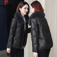 皮爾卡丹（pierre cardin）2024冬季新款海寧狐貍毛領(lǐng)PU皮羽絨服女短款加厚寬松衣服外套 黑色 L 110-125斤