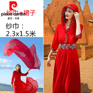 皮爾卡丹（pierre cardin）茶卡鹽湖旅游連帽連衣裙大紅色海邊度假長(zhǎng)裙沙漠紅裙胡楊林沙灘裙 莎巾+大紅色裙子 XXL