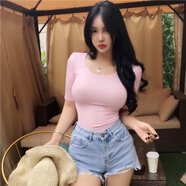 網(wǎng)紅女主播直播衣服低胸t恤性感女裝上衣夏季修身顯胸大緊身五分袖圓領(lǐng)短袖 淺粉色 均碼