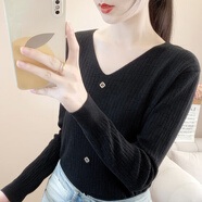 香影芬V領(lǐng)毛衣打底衫內搭2025初春女裝新款上衣春秋小衫溫柔百搭針織衫 黑色 3XL (建議135-150斤)