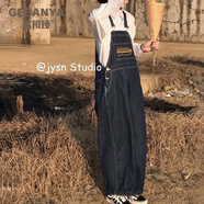 歌班婭牛仔背帶褲女春秋小個(gè)子洋氣減齡可愛(ài)日系復古寬松直筒闊腿褲ins 藍色版 XL