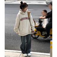 風(fēng)采兔 衛衣女春秋款2024新款字母印花秋冬情侶寬松連帽外套上衣ins潮 白灰色【薄款】 XXL
