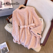 拉夏貝爾（La Chapelle）慵懶風(fēng)秋冬中長(cháng)款毛衣連衣裙寬大碼松系帶收腰針織衫打底裙上衣女 純100自動(dòng)發(fā)熱花粉色【高加 厚】 純100自動(dòng)發(fā)熱XL 115-125斤