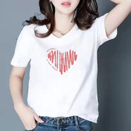 珞妮短袖t恤女顯瘦女裝上衣春夏季新款韓版V領(lǐng)半袖休閑體桖衫 白色線條愛心 2XL 建議125-135斤