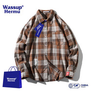 WASSUP HERMU官方長(cháng)袖襯衫男女秋冬季復古格子潮牌寬松休閑百搭大碼外套上衣服 黃色 XL（建議125-145斤）