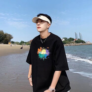 嘉曄短袖T恤男夏季五分袖T恤男士韓版中袖潮流5分短袖上衣服青少年t恤 gysT171黑色 2XL (140-160斤)