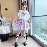 童裝女童裙子夏裝兒童洋氣套裙2022年夏季中大童襯衫兩件套小女孩短裙百搭JK半身裙3-14歲 紫羅蘭 130