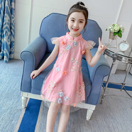 奧米鼠女童旗袍夏季連衣裙夏裝女孩休閑簡(jiǎn)約兒童夏天復古裙薄款公主裙子 粉紅色 110