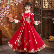 唄當猴漢服女童連衣裙冬裝加絨兒童過年衣服大童中國風唐裝小女孩拜年服 紅色 加絨 160 cm