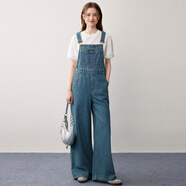 樂(lè )町鉚釘裝飾牛仔背帶褲新款秋季美式復古風(fēng)女洗水百搭褲子 深牛仔藍（現貨） M