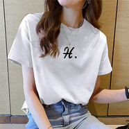 妃麗慕尚（FEILIMUSHANG）純棉正肩短袖t恤女夏季2025新款韓版洋氣印花寬松減齡學(xué)生上衣潮 9016白色 S