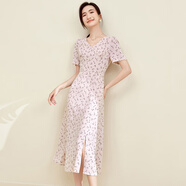 尚都比拉夏季V領(lǐng)碎花連衣裙中長款收腰顯瘦氣質(zhì)印花裙子 粉底花色 M 