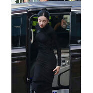 CXXPO連衣裙女2023春秋新款黑色修身包臀裙皮束腰長袖開叉長裙女顯瘦 黑色長 L