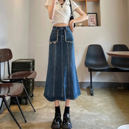 Lcxmnd米白色高腰牛仔半身裙女2025年新款春秋中長款遮胯小個子包臀裙子 復(fù)古藍(lán) XS