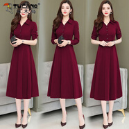 啄木鳥(niǎo)氣質(zhì)收腰媽媽裝春秋連衣裙女中長(cháng)款韓版polo領(lǐng)中年大碼長(cháng)袖大擺裙 酒紅【連衣裙】 2XL（建議135-150斤）