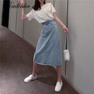 Radinka2026夏新款高腰顯瘦網(wǎng)紅開(kāi)叉牛仔半身裙復古港風(fēng)潮流百搭A字裙YLM 藍色七分裙 S