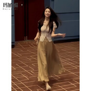 瑪嬌媚（Majiaomei）休閑褲女裝2025年女夏新款套裝女茶系穿搭桔梗鹽系上衣闊腿裙褲子 杏色上衣+咖色裙褲 XL