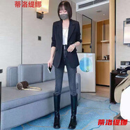小西服女西裝外套女2021春秋韓版上衣垂感寬松中長款款休閑大碼顯瘦小西服 黑色-21年小西裝女 L 118-132斤-21年小西裝女