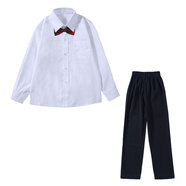 米兔果深圳小學(xué)生校服長袖套裝校服褲兒童運動服學(xué)生裝外套加絨加厚冬季 男孩長袖襯衫+長褲+領(lǐng)結(jié) 130碼
