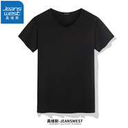 真維斯（JEANSWEST）V領(lǐng)T恤短袖純色汗衫加大碼體恤衫棉打底衫男舒適透氣短袖男T恤衫 黑色 M(推薦體重100斤-110斤左右)