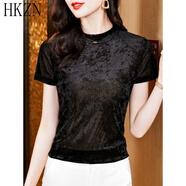 HKZN品牌金絲絨T恤女短袖上衣夏季2024新款氣質(zhì)半袖體恤修身網(wǎng)紗打底 黑色 l