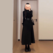 圣保美黑色連衣裙秋冬季女裝2025新款小個子氣質(zhì)內(nèi)搭顯瘦a字裙子女春秋 半高領(lǐng)黑色長裙 L 碼