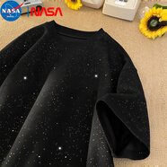 NASA MARVEL重磅純棉短袖T恤男夏季高品質(zhì)滿天星亮片短袖體恤衫潮寬松上衣 黑色 2XL