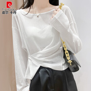 皮爾卡丹（pierre cardin）冰絲防曬罩衫女夏季薄款寬松大領(lǐng)口長袖t恤設(shè)計(jì)感不規(guī)則針織上衣 珍珠白 S