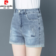 皮爾卡丹（pierre cardin）高腰短褲女夏季2024新款外穿直筒寬松大碼卷邊薄款四五分褲子 藍色 S 建議80-95斤