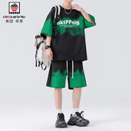 AEMAPE疊穿休閑運動(dòng)套裝男夏季2025新款冰絲短袖t恤青少年短褲搭配一套T TZ6139黑色套裝 M 約80-100斤可穿