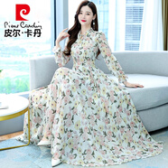 皮爾卡丹（pierre cardin）碎花連衣裙2025年春秋新款女裝氣質(zhì)仙女春秋長(cháng)*袖雪紡超仙長(cháng)款裙 2070白色 M (95-105斤)