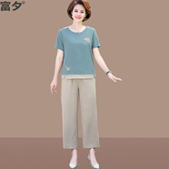 富夕中年運動套裝女夏季新款時尚洋氣40-50歲年輕媽媽夏裝兩件套短袖 藍色上衣+褲子 XL 建議90-105斤