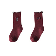 季米塔（Jimita）女童襪子春秋季純棉兒童安可拉紅中筒襪秋冬韓版女寶寶中大童潮襪 刺繡木耳邊＋刺繡木耳邊 - 2雙 M （約3-5歲）建議腳長(cháng)14-17cm