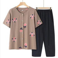 中老年人媽媽短袖夏裝開衫上衣女寬松套裝棉綢奶奶衣服套裝人造棉 卡其色（套裝） 5XL （建議135-150斤）