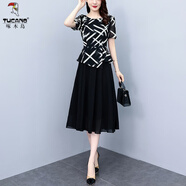 啄木鳥(niǎo)2026夏季流行遮肉顯瘦時(shí)尚假兩件拼接印花雪紡連衣裙 條紋拼接 M 【90/100斤】