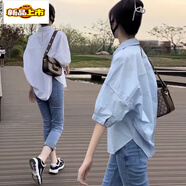 初徑2025夏季新款純棉韓版中袖寬松純色翻領(lǐng)單排扣露背休閑襯衫女上衣 淺藍(lán)色 L 建議115-125斤