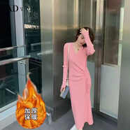香港潮牌ADVSUS輕奢高端針織連衣裙女秋冬港味氣質(zhì)交叉V領(lǐng)系帶修身顯瘦打底毛線裙子 粉色【加厚不加絨-適合冬天穿】 M【建議95-105斤】