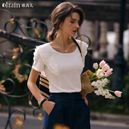 Olrain歐芮兒米白色正肩短袖T恤女夏季女裝氣質方領荷葉邊上衣 米白色 S
