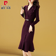 皮爾卡丹西裝連衣裙女裝2024年新款中長款秋裝氣質(zhì)高端春秋季長袖包臀裙子 酒紅 L